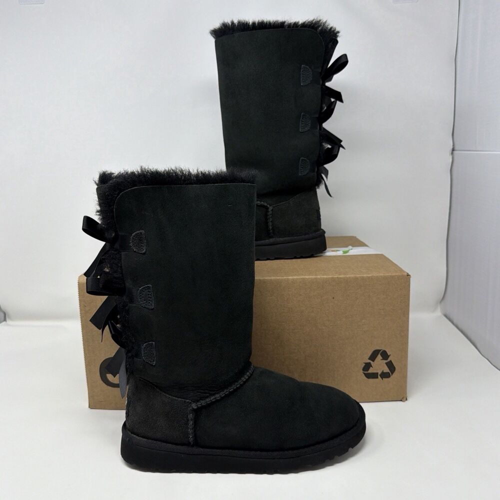 UGG Australia Bailey Bow Triplet Tall Black Sheepskin Boots Youth 4 DISCONTINUED